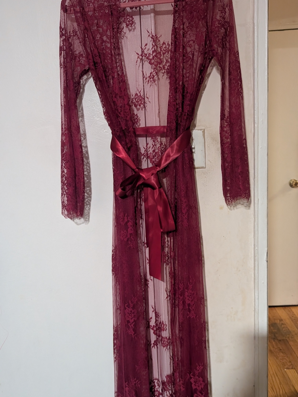 Sheer Lace Long Robe with Satin Tie - Burgundy